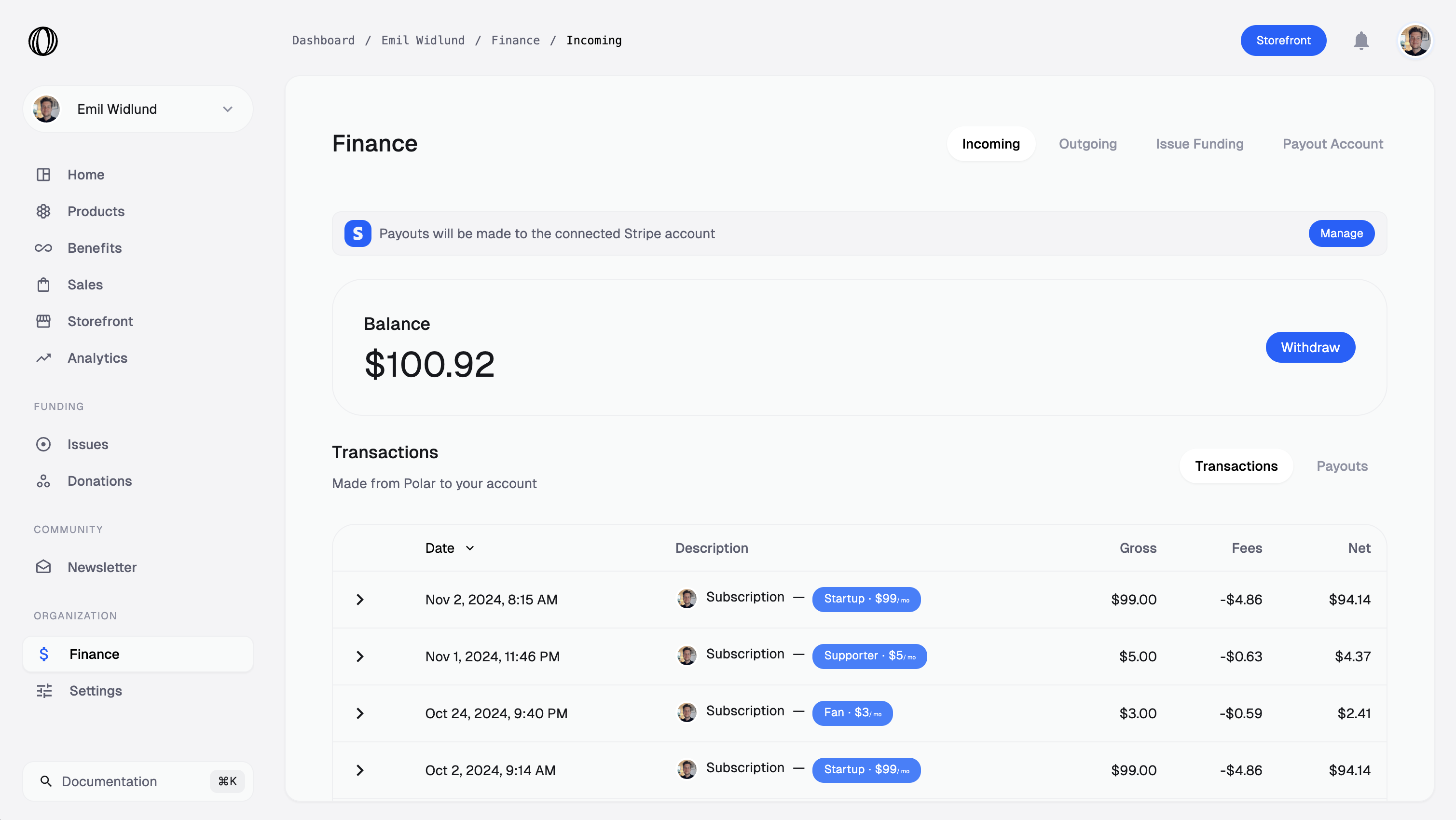 Polar transactions view